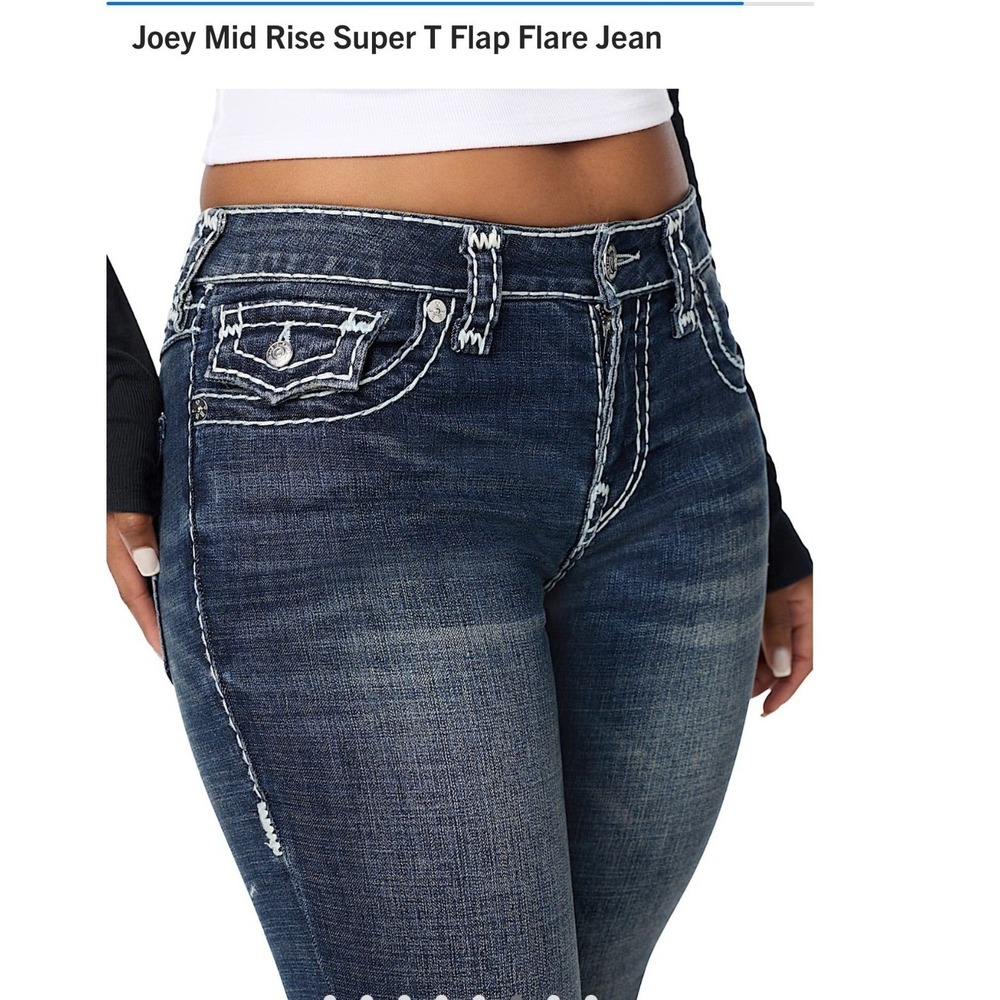 True Religion Womens Joey Mid Rise Super T Flap Flare Jean 32 *Hemmed - Picture 2 of 8